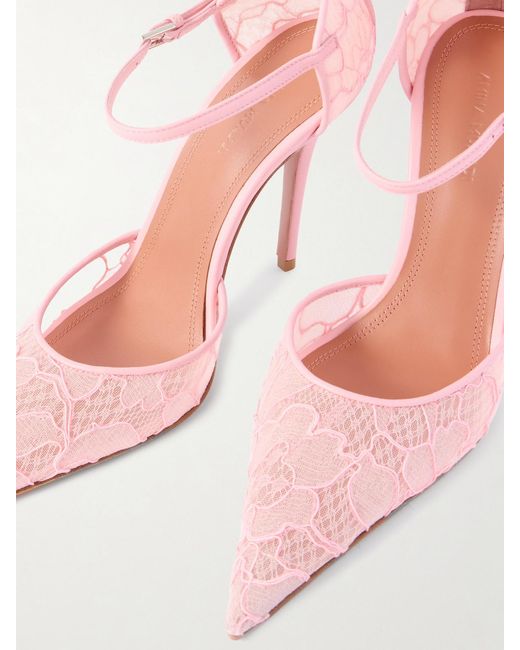 AMINA MUADDI Pink Barbara Leather-Trimmed Lace Pumps