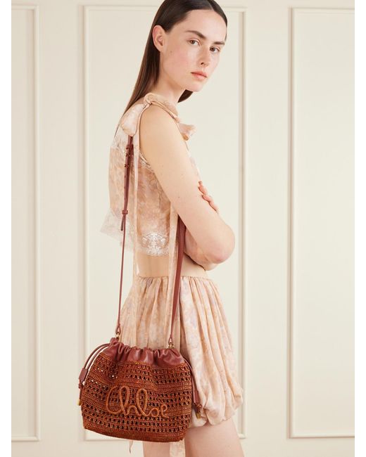 Chloé Red Summer Banana Leather-Trimmed Raffia Shoulder Bag