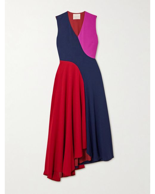 Roksanda Red Miral Asymmetric Color-Block Crepe De Chine Midi Dress