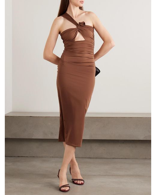 Maygel Coronel Brown Arcano One-Shoulder Appliquéd Cutout Ruched Stretch-Jersey Midi Dress