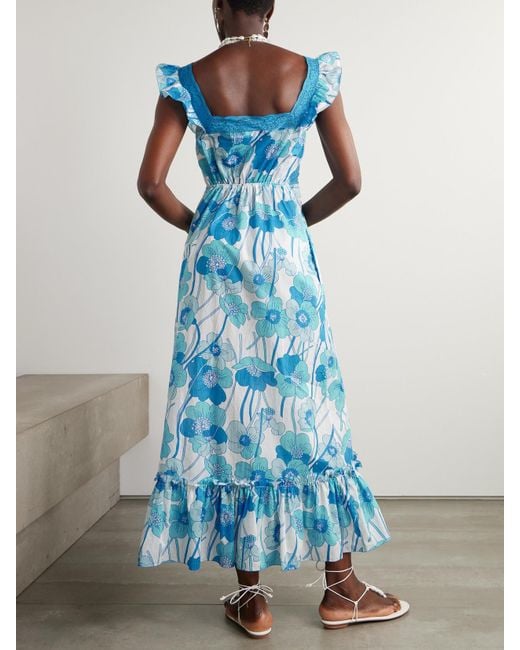 Loretta Caponi Blue Margherita Maxikleid Aus Seiden-Voile Mit Blumensprint Und Spitzenbesätzen