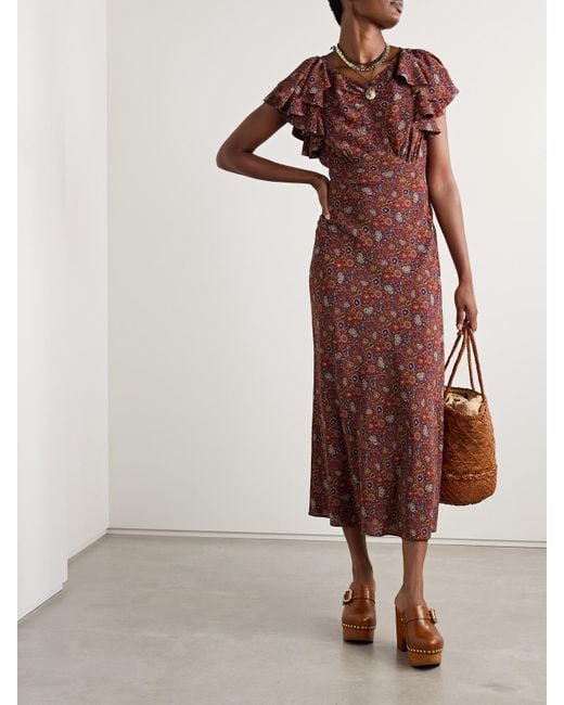 Doen Red Beatriz Midikleid Aus Crêpe De Chine Aus Seide Mit Blumenprint Und Volants