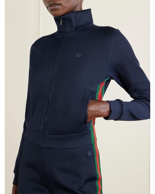 Gucci Blue Webbing-Trimmed Ribbed Zip-Up Jacket