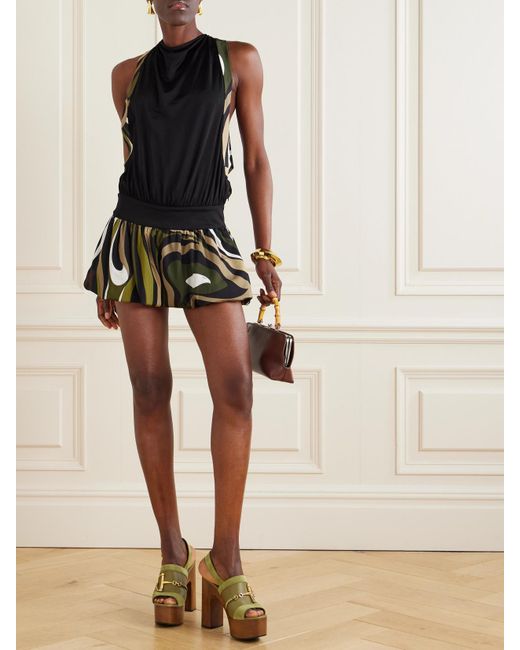 Emilio Pucci Black Open-Back Gathered Printed Stretch-Satin Jersey Mini Dress