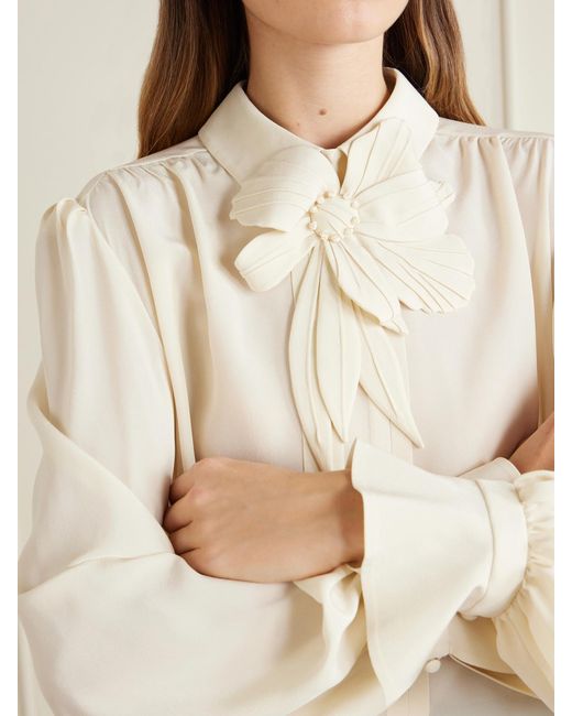 Valentino Garavani Natural Bow-Embellished Silk-Crepe De Chine Blouse