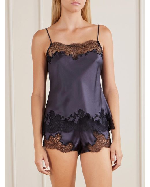 Carine Gilson Purple Lace-Trimmed Silk-Satin Shorts