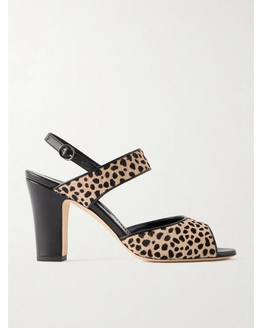 Manolo Blahnik Metallic Khikobi 90 Leopard-Print Calf-Hair Slingback Sandals