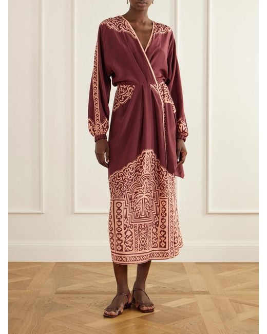 Johanna Ortiz Red Heatborne Printed Silk Wrap Maxi Dress