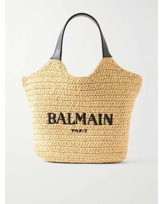 Balmain Natural Cabas Mini Leather-Trimmed Raffia Shoulder Bag