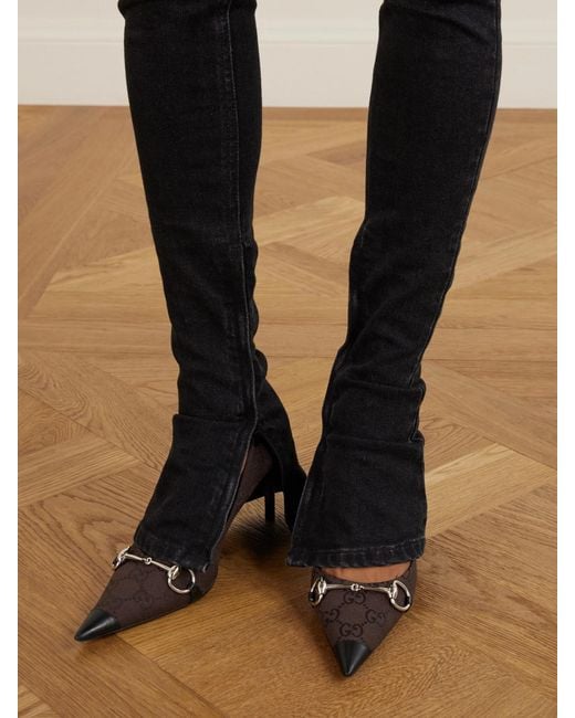 Gucci Brown Donna Leather-Trimmed Canvas-Jacquard Pumps