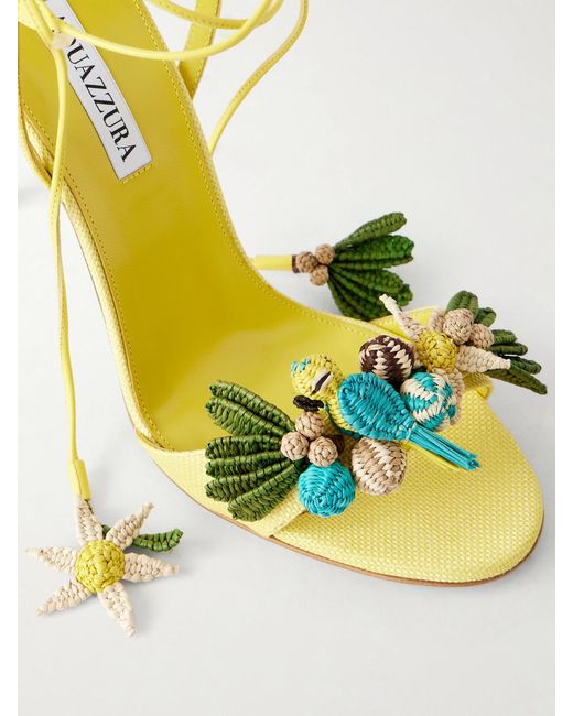 Aquazzura Metallic Birdsong 105 Leather-Trimmed Raffia Sandals