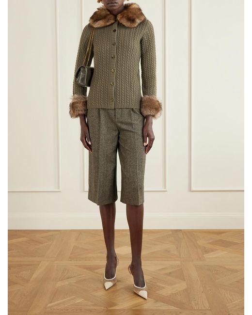 Saint Laurent Green Shearling-Trimmed Cable-Knit Cashmere Cardigan