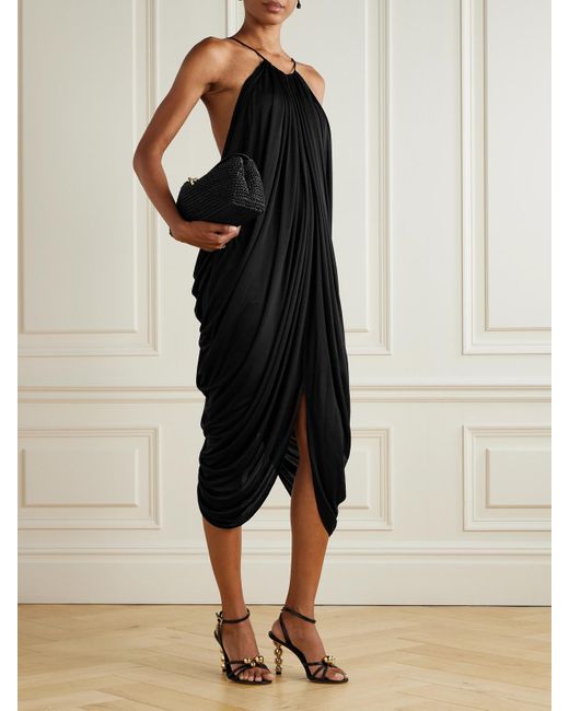 Loewe Embellished Draped Silk Halterneck Midi Dress in Black | Lyst UK