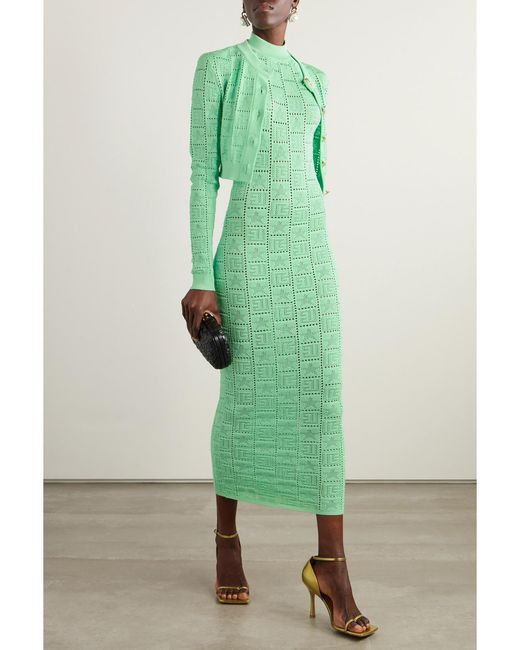Balmain Green Cropped Pointelle-Knit Cardigan