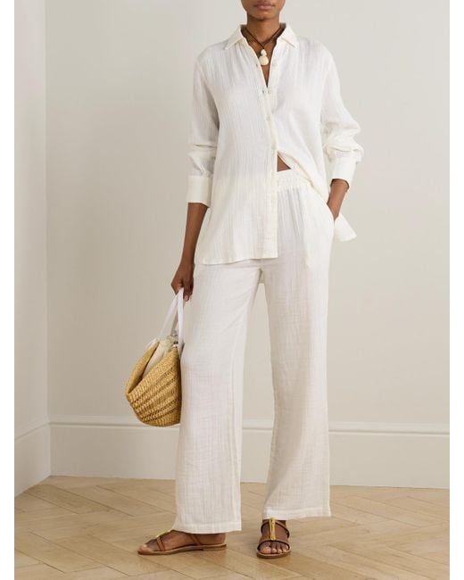 Melissa Odabash White Krissy Crinkled-Cotton Straight-Leg Pants