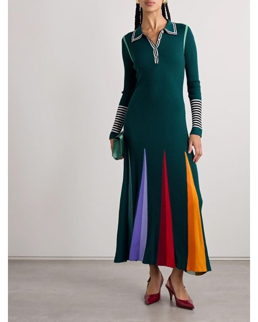 Christopher John Rogers Green Godet Maxikleid Aus Gerippter Merinowolle Mit Streifen Und Polokragen