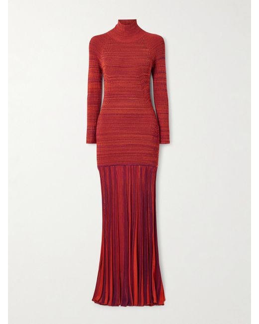 Christopher John Rogers Red Pleated Ribbed-Knit Turtleneck Gown