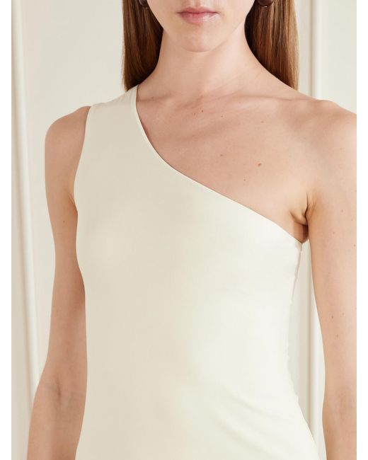 Taller Marmo White Yacare One-Shoulder Asymmetrical Fringed Jersey Midi Dress