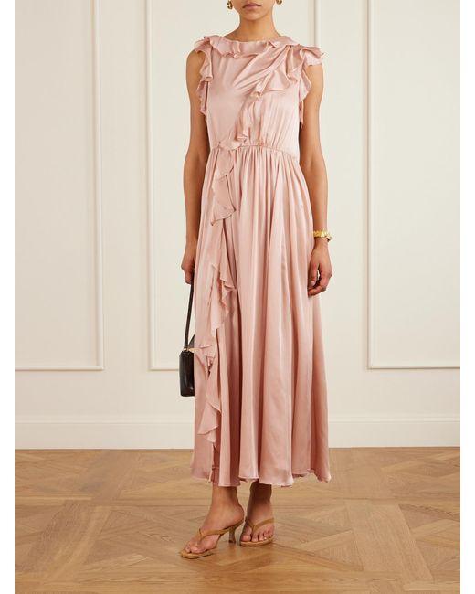 Ulla Johnson Pink Saanvi Midikleid Aus Seidensatin Mit Raffungen Und Rüschen