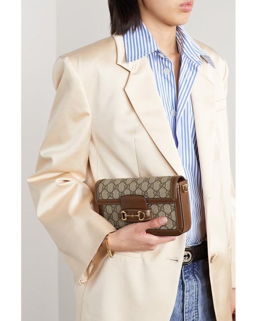 Gucci Brown Horsebit 1955 Embellished Leather-Trimmed Coated-Canvas Shoulder Bag