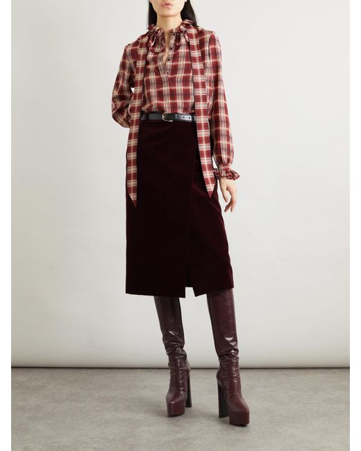 Saint Laurent Red Schluppenbluse Aus Karierter Seide Mit Raffungen