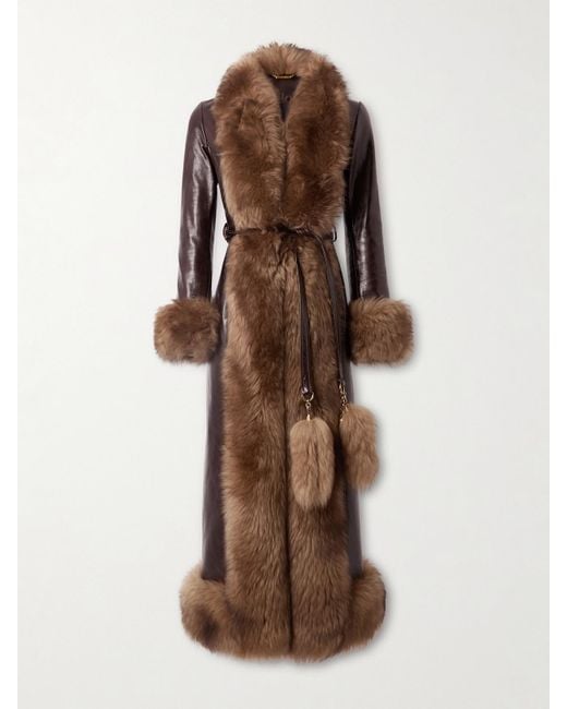Chloé Brown Fleece-Trimmed Belted Leather Coat