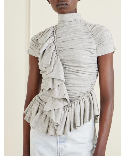 Dries Van Noten White Ruffled Draped Cotton-Jersey Turtleneck Top