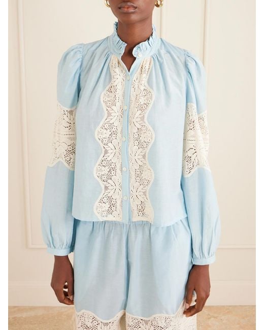 Alix Of Bohemia Blue Annabel Sky Lace-Trimmed Cotton And Silk-Blend Blouse