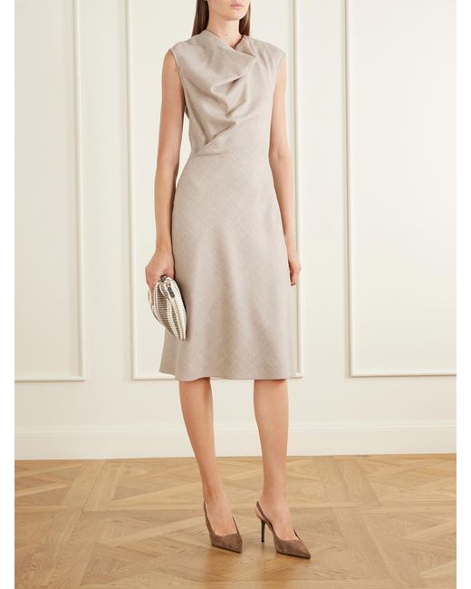 Brunello Cucinelli Natural Draped Virgin Wool Midi Dress