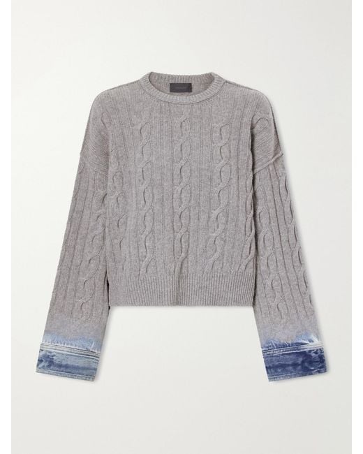 Haikure Gray Karine Denim-Trimmed Cable-Knit Cotton Sweater