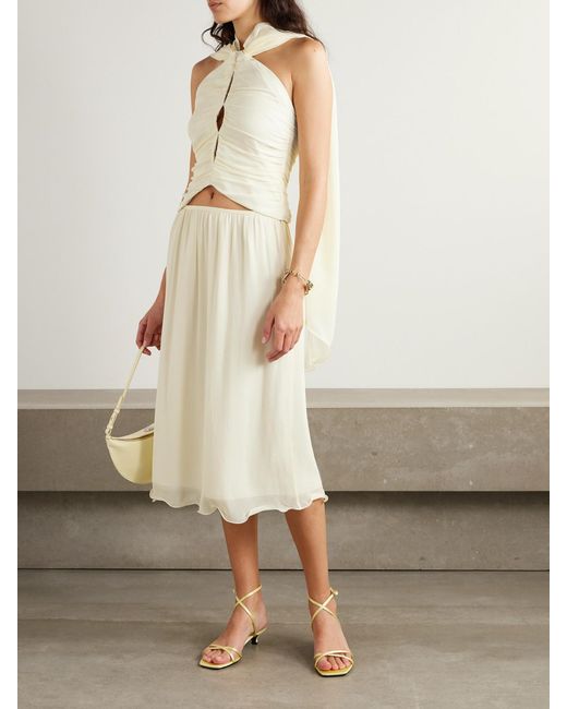 Posse Natural Solene Scarf-Detailed Ruched Chiffon Halterneck Top