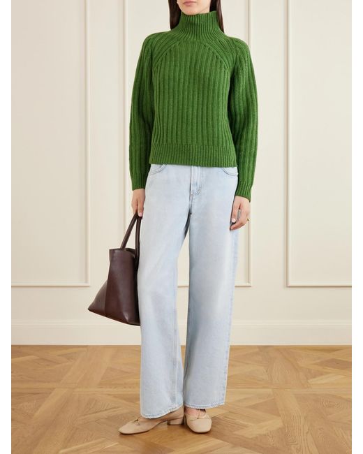 Allude Green Ribbed Cashmere Turtleneck Sweater