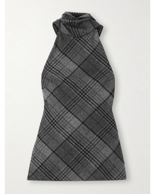 Ralph Lauren Gray Chilton Fringed Scarf-Detailed Checked Wool Turtleneck Tank