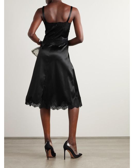 Dolce & Gabbana Black Midikleid Aus Satin Mit Spitzenbesätzen