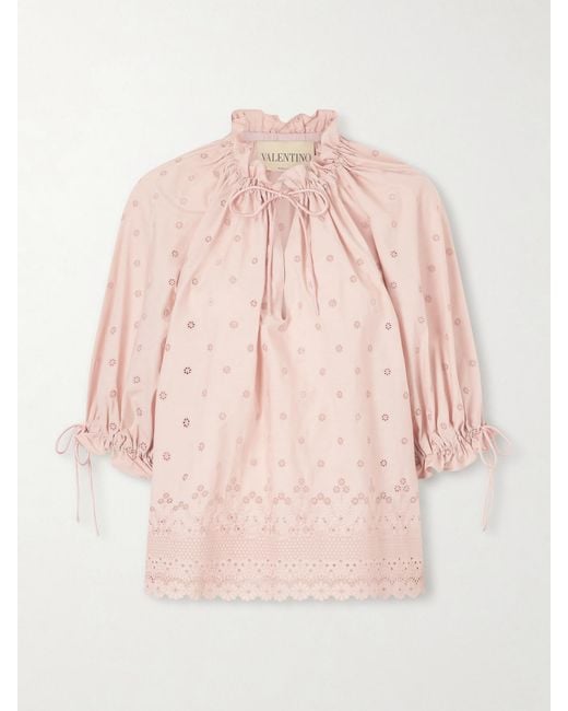 Valentino Garavani Pink Tie-Detailed Gathered Broderie Anglaise Cotton Blouse