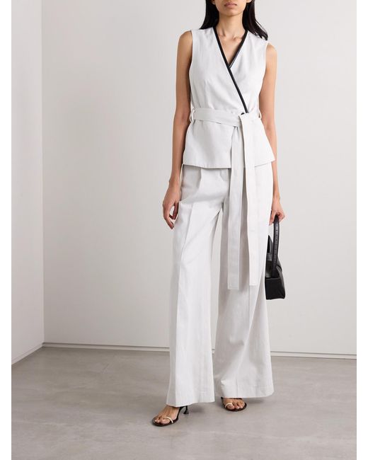 Proenza Schouler White Elliot Belted Faux Leather-Trimmed Cotton And Linen-Blend Twill Wrap Top