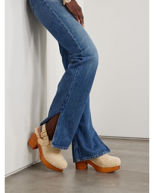 Chloé Natural Jeanette Shearling-Trimmed Suede Slingback Platform Clogs
