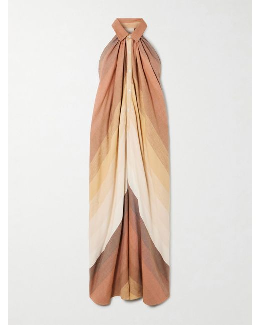 Marrakshi Life Natural Striped Gathered Cotton Maxi Dress
