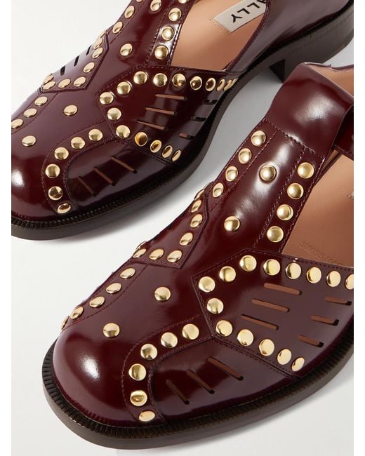 Bally Brown Spiegel Studded Cutout Glossed-Leather Brogues