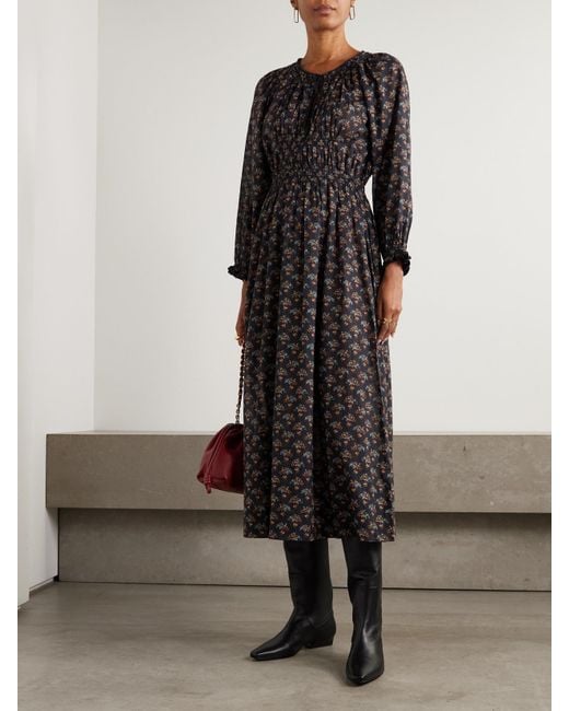 Doen Black Delfina Shirred Floral-Print Organic Cotton-Voile Midi Dress