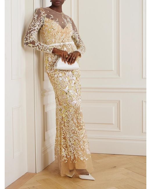 Elie Saab Natural Embroidered Sequin-embellished Tulle Gown