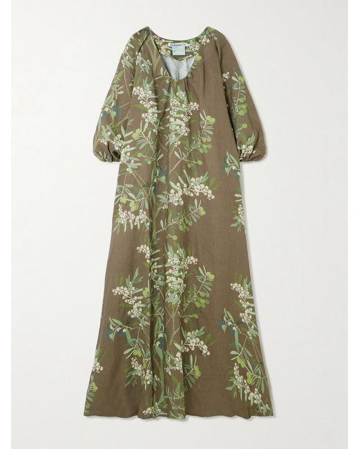 BERNADETTE Green Georgio Draped Floral-Print Linen Maxi Dress