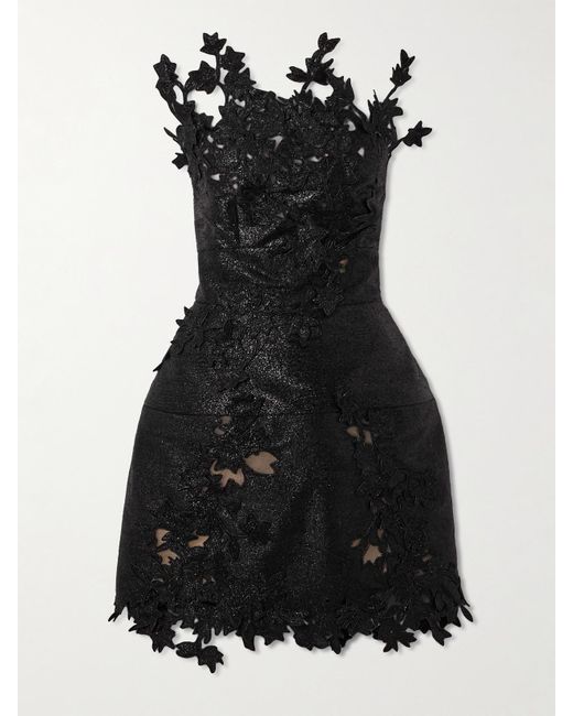 Oscar de la Renta Black Strapless Appliquéd Metallic Silk And Tulle Mini Dress