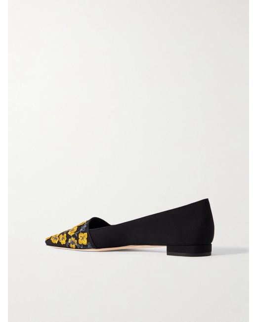 Manolo Blahnik White Safiye Embroidered Crepe De Chine Point-Toe Flats