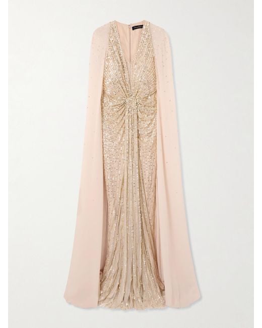 Jenny Packham Natural Zenith Verzierte Robe Aus Chiffon Mit Cape-Effekt Und Pailletten