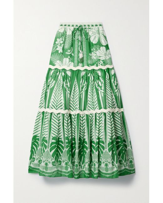 FARM Rio Tiered Ric Rac-trimmed Printed Cotton-voile Maxi Skirt in ...