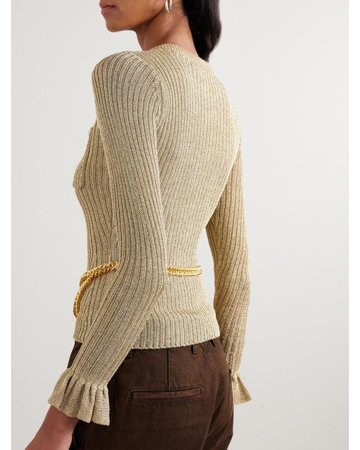 Self-Portrait Natural Belted Ruffled Metallic Ribbed-Knit Top