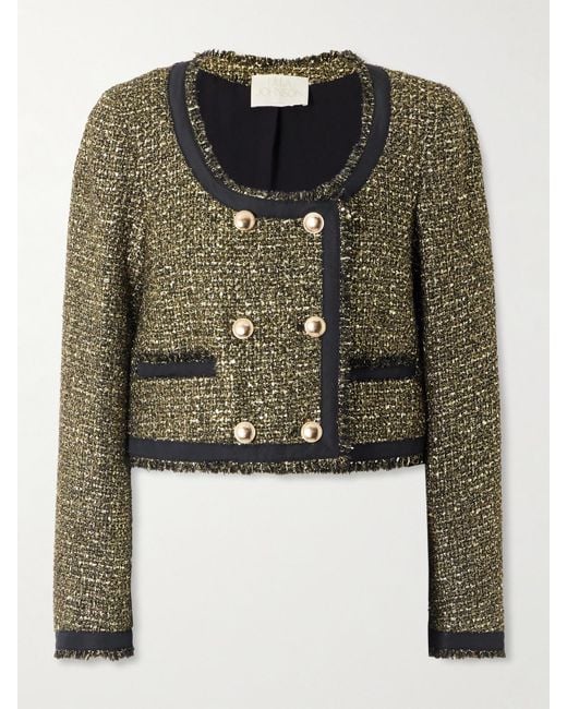 Ulla Johnson Green Anisa Double-Breasted Grosgrain-Trimmed Metallic Tweed Jacket