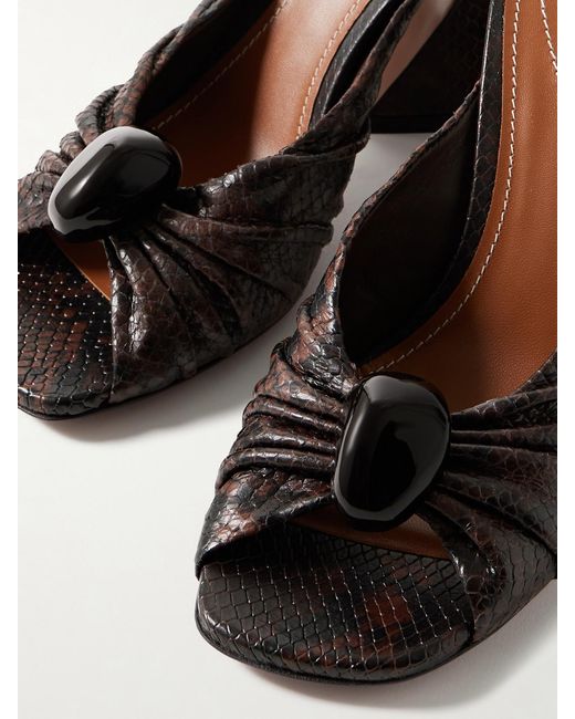 Zimmermann Brown Gleam Embellished Gathered Snake-Effect Leather Mules