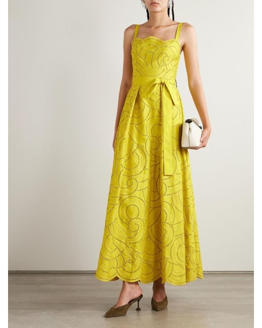 Elie Saab Yellow Belted Pleated Embroidered Cotton-Blend Twill Gown